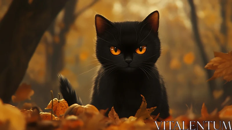 Black cat with golden eyes in misty autumn forest setting
