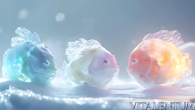 Three Colorful Crystal Fish in Soft Snow, Dreamlike Digital Art.