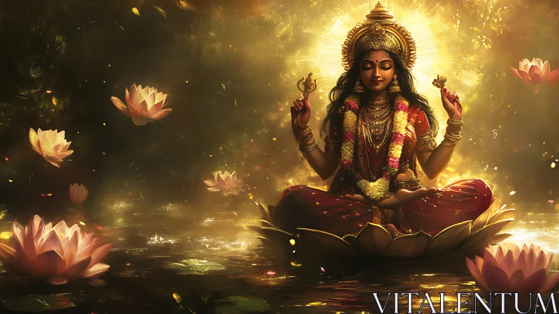 Goddess in red sits on lotus amid golden glowing water.