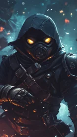 Hooded gas mask soldier with glowing eyes in icy firestorm