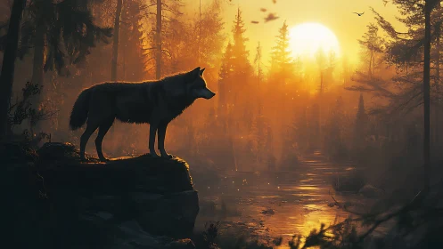 Solitary wolf silhouette above reflective river at ember sunset