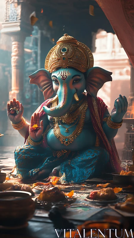 Ganesha idol in ornate temple with vibrant ritual offerings.