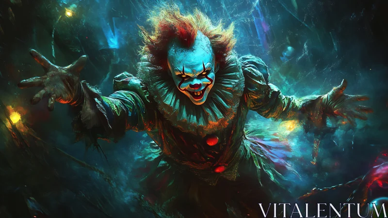 Menacing clown lunges forward in glowing neon darkness.