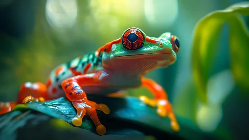 Macro portrait of vibrant red-eyed tree frog on wet leaf