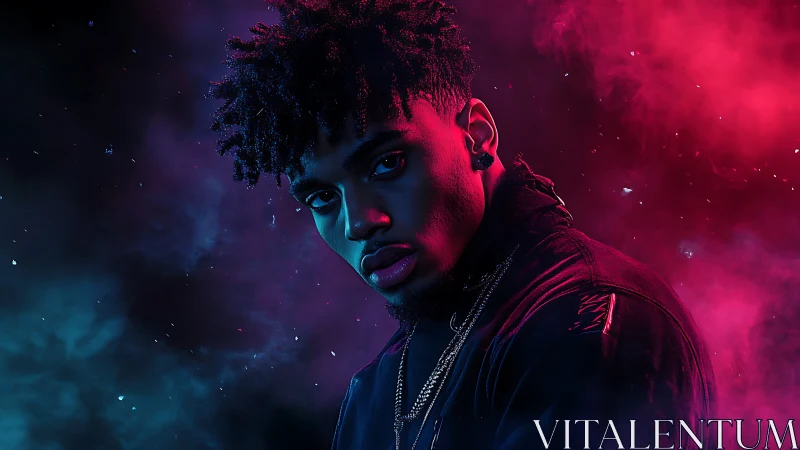 Moody male portrait in neon pink and blue smoke lighting.