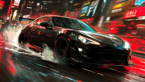 Black sports car drifts through wet neon city street at night