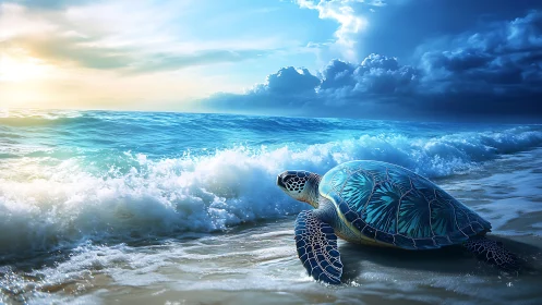 Sea turtle moves toward bright surf under dramatic sky