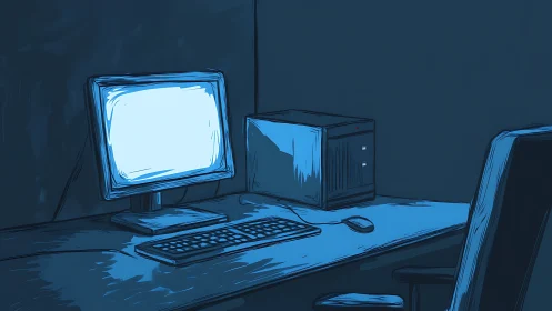 Quiet midnight desktop glows softly in a dim blue room