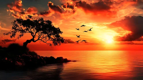 Fiery ocean sunset with silhouetted tree and birds in flight.