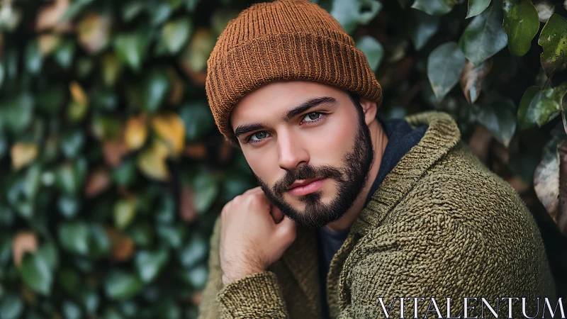 Bearded man in knit beanie rests calmly by leafy backdrop.