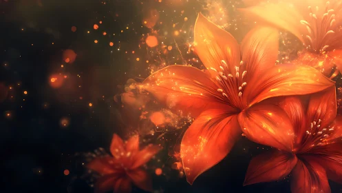 Glowing orange lilies bloom in a dreamy, ember-lit haze