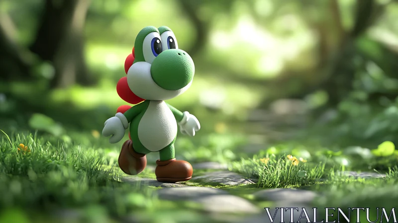 Cartoon dinosaur character walks through sunlit forest path