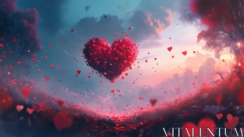 Large heart shape suspended in sky with dispersing particles.