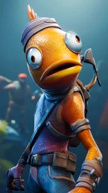 Stylized 3D fish warrior character rendered with dramatic lighting
