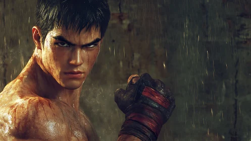 Rain‑slicked street fighter glaring through the stormlight.