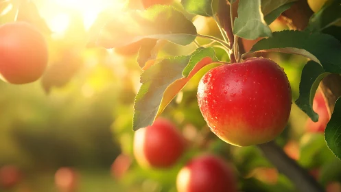 Photorealistic orchard close-up of ripe sunlit apples on branch.
