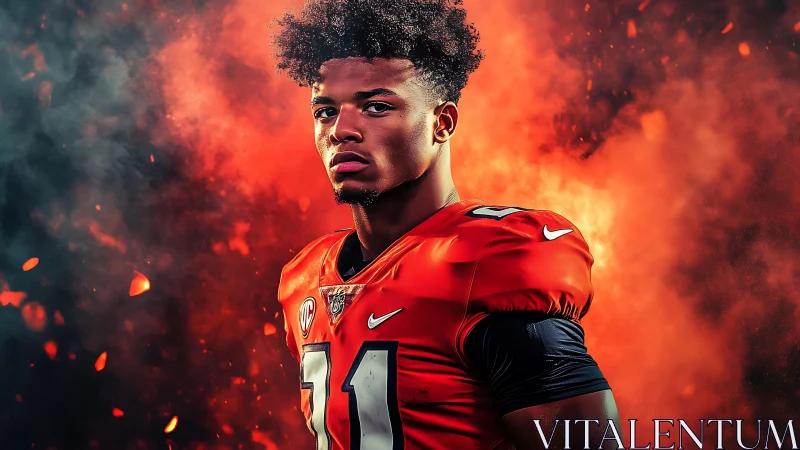 Intense football player in red uniform amid fiery smoke.