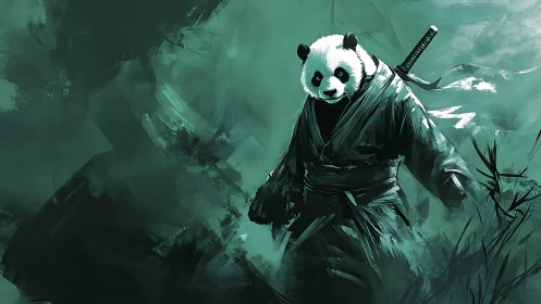 Panda warrior in misty bamboo shadows, calm yet powerful.
