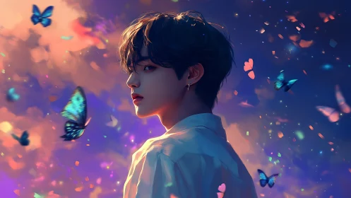 Soft twilight gaze meets drifting butterflies in gentle magic