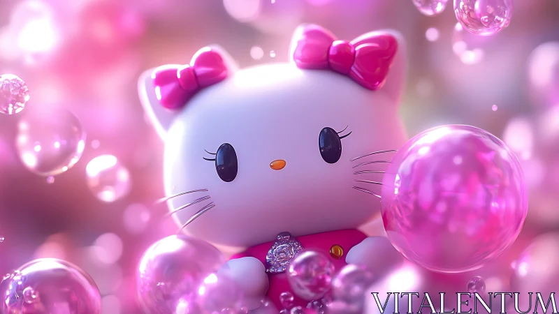Cute white cartoon cat toy in pink glowing bubbles scene.