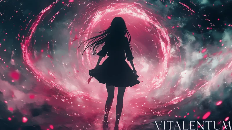 Silhouetted girl confronts luminous magenta vortex in storm