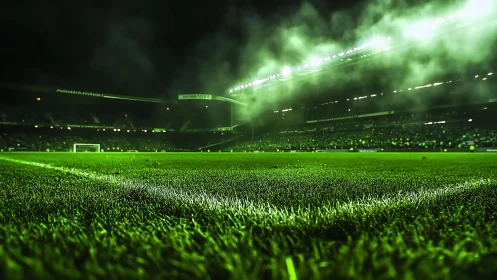 Low-angle floodlit soccer pitch corner under dense night fog