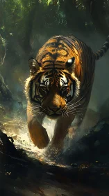 Powerful tiger charges through shadowed jungle stream.