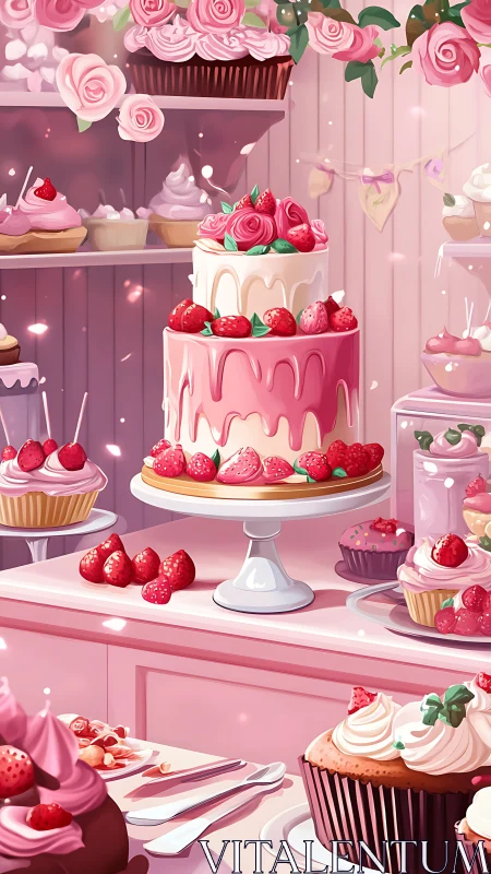 Pink Bakery Celebration: Three-Tier Berry Cake Display.