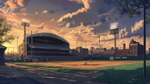 Sunset stadium vista with illuminated urban ballpark composition.