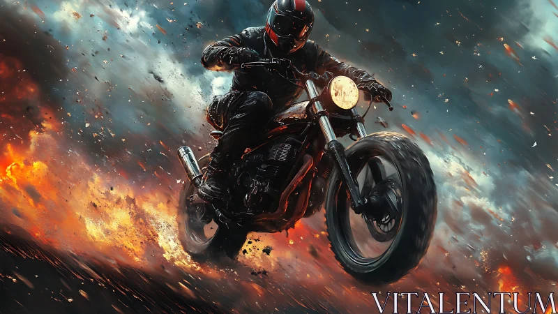 Motorcyclist rides through fire and smoke in dynamic motion