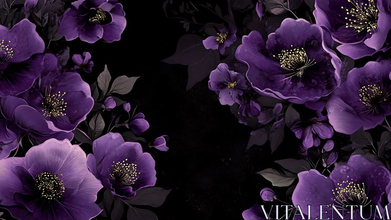 Purple flowers with gold stamens arranged on black background space.