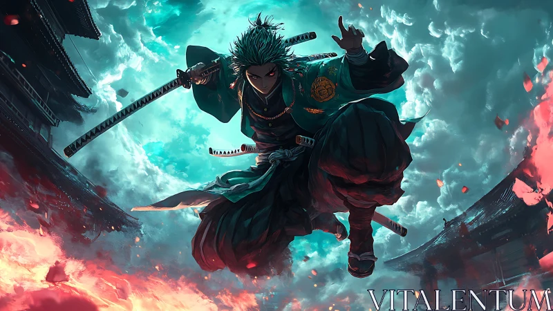 Dynamic samurai mid-air strike in dramatic digital painting.
