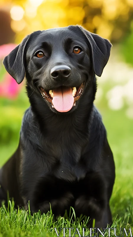 Black Labrador portrait in shallow depth of field garden light