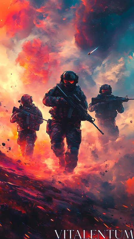 Armored soldiers advance through burning sci fi battlefield