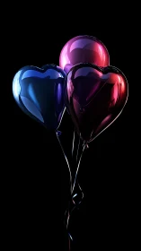 Three Luminous Heart-Shaped Balloons Float Against Black Background