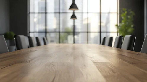 Modern conference room with expansive gridded windows and minimalist design