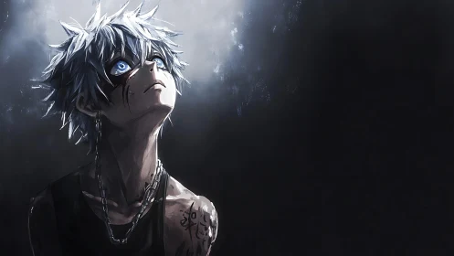 Chainlit sky-gazer with storm-bright anime eyes rising.