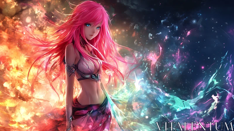 Starlit girl with pink hair wrapped in swirling cosmic color.
