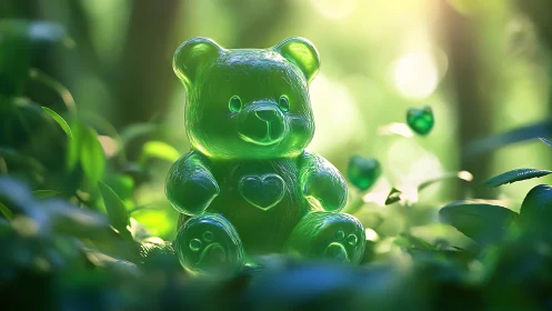 Emerald gummy bear sculpture glows in dreamy forest light