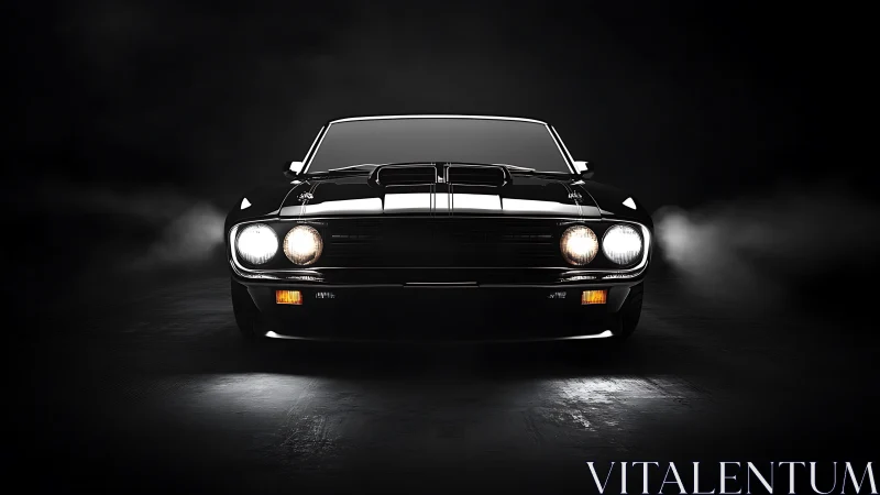 Low-key frontal render of classic muscle car with directional beams