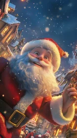 Jolly Santa smiling in a twinkling snowy village street.