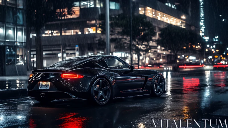 Midnight coupe gliding through rain soaked city lights.