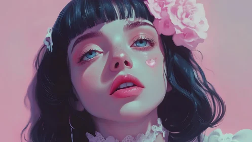 Digital portrait girl with flowers and pastel pink glow.