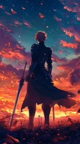 Armored swordsman watching vivid sunset sky in silence.