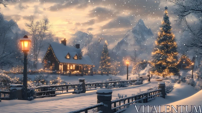 Snowy village houses glow with Christmas lights at dusk