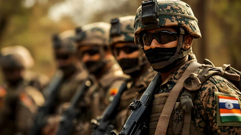 Indian soldiers in combat gear standing in formation outdoors.