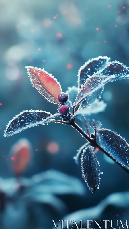 Frosted plant leaves and berries in soft blue background field.
