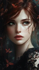 Red haired woman in dark foliage with freckled face portrait.