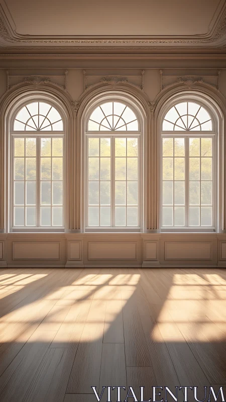 Sunlit neoclassical hall with three grand arched windows.