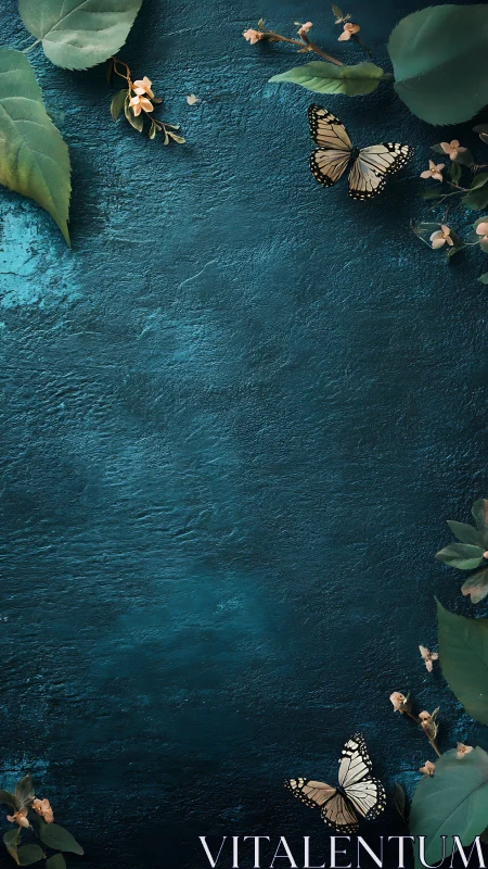 Butterflies drifting over teal textured botanical border.
